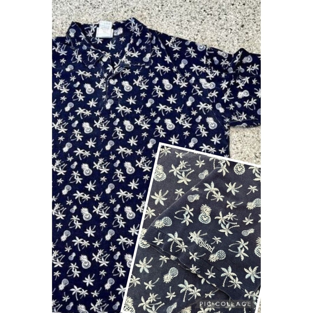 Disneyland Resort Polo Shirt Mens Large Navy Blue Tropical Palm Mickey Pineapple